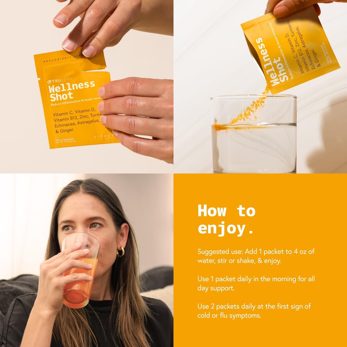 TRULEAN Everyday Wellness Immune Support Shot with Vitamin C, Turmeric, Ginger, Zinc, Echinacea - Sugar & Gluten Free - 30 Packets