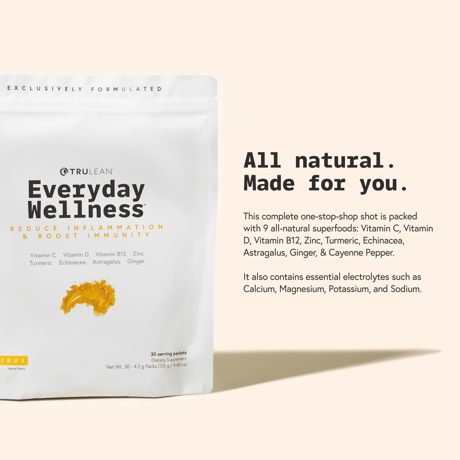 TRULEAN Everyday Wellness Immune Support Shot with Vitamin C, Turmeric, Ginger, Zinc, Echinacea - Sugar & Gluten Free - 30 Packets