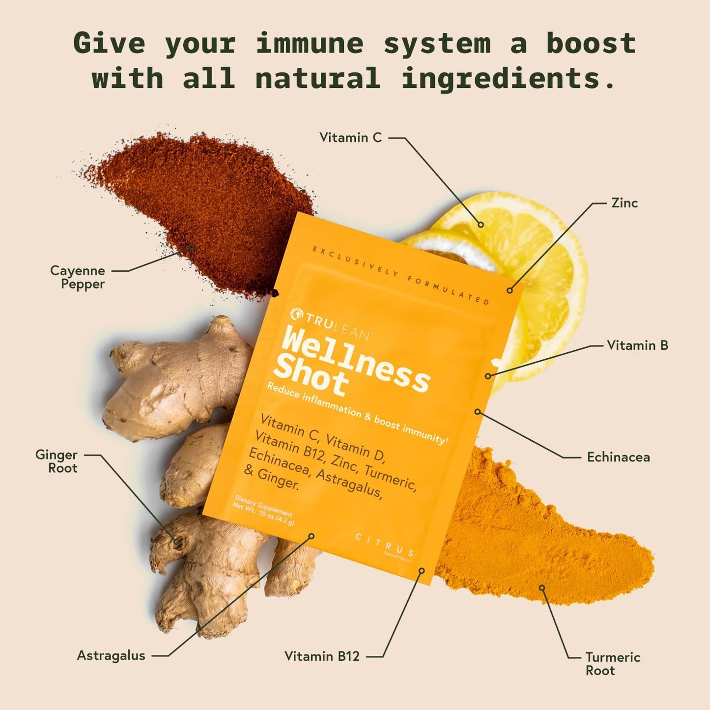 TRULEAN Everyday Wellness Immune Support Shot with Vitamin C, Turmeric, Ginger, Zinc, Echinacea - Sugar & Gluten Free - 30 Packets