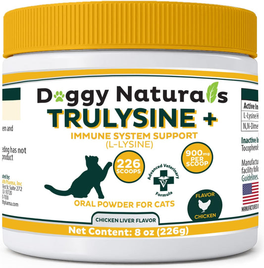 Trulysine Plus L-Lysine Oral Powder for Cats 8oz - Immune Support, Sneezing, Runny Nose, Watery Eyes - Chicken Liver Flavor - All Ages - Made in the U.S.A
