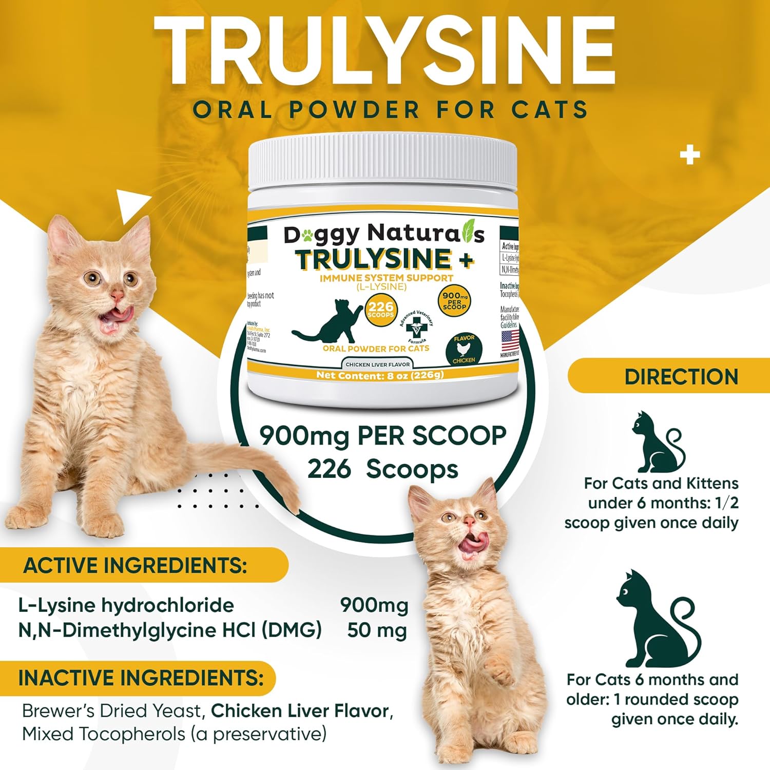 Trulysine Plus L-Lysine Oral Powder for Cats 8oz - Immune Support, Sneezing, Runny Nose, Watery Eyes - Chicken Liver Flavor - All Ages - Made in the U.S.A