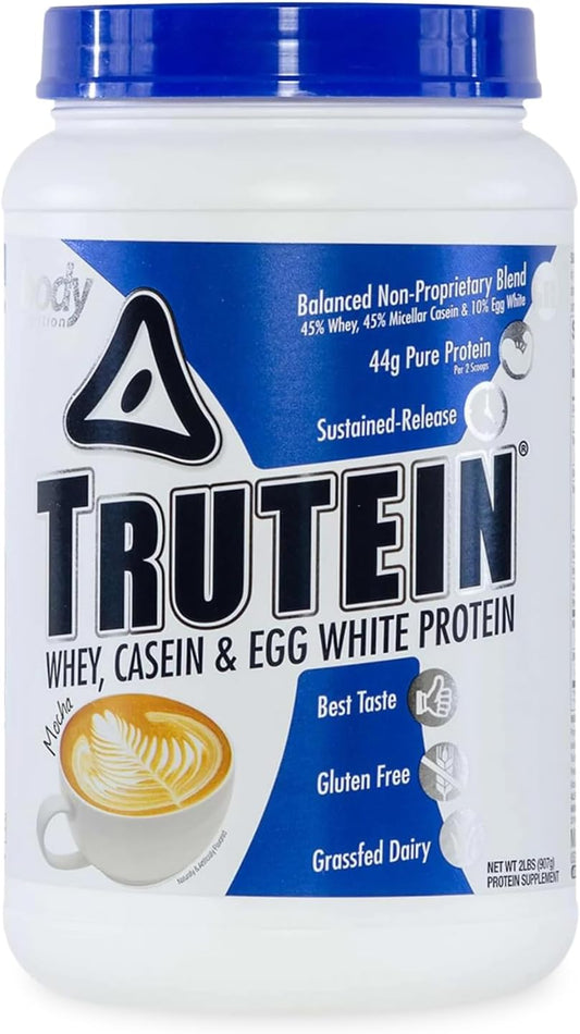 Trutein High Protein Powder: 45% Whey, 45% Casein, 10% Egg White, Gluten-Free, Low Sodium, Grass Fed, Gym Supplement & Breakfast Shake - Mocha, 2lb