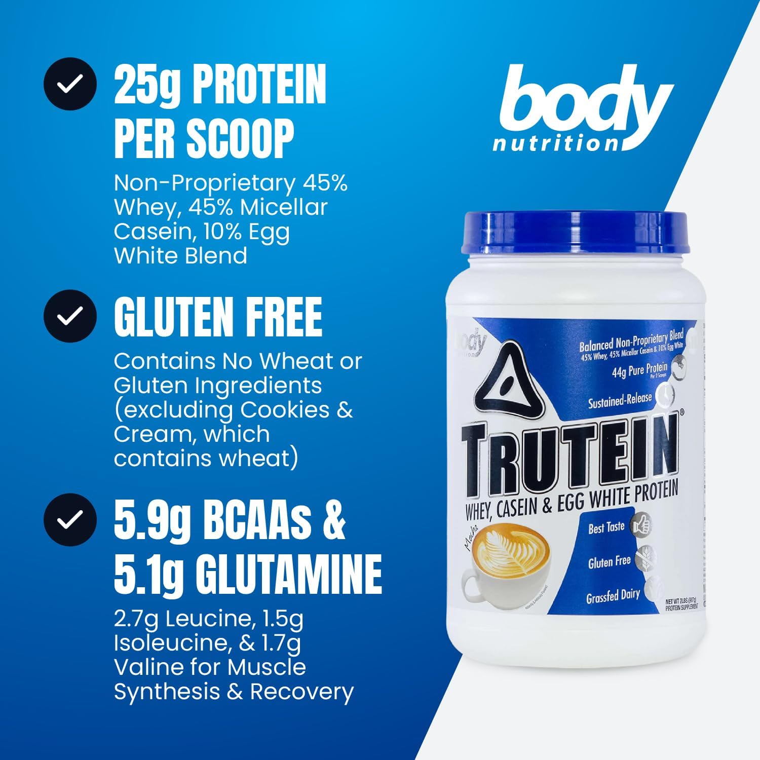 Trutein High Protein Powder: 45% Whey, 45% Casein, 10% Egg White, Gluten-Free, Low Sodium, Grass Fed, Gym Supplement & Breakfast Shake - Mocha, 2lb