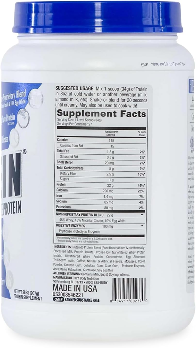 Trutein High Protein Powder: 45% Whey, 45% Casein, 10% Egg White, Gluten-Free, Low Sodium, Grass Fed, Gym Supplement & Breakfast Shake - Mocha, 2lb