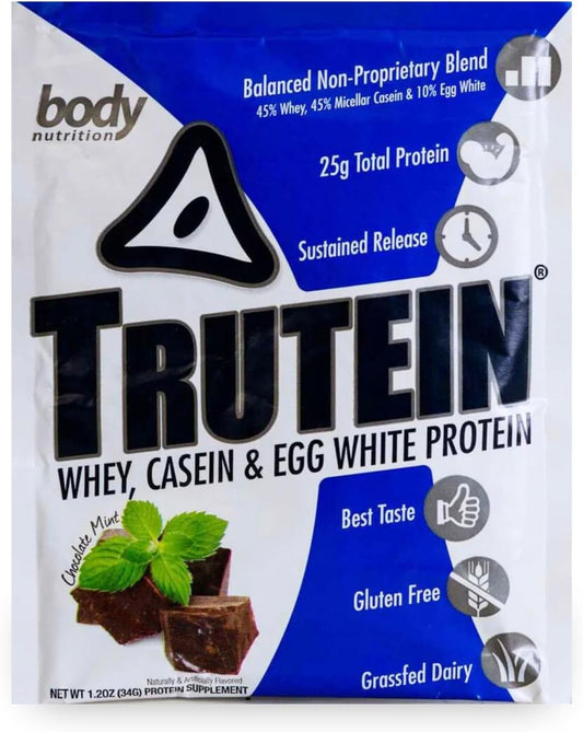 Trutein High Protein Powder: Grass Fed Whey & Casein Blend, Gluten-Free Gym Supplement, Chocolate Mint Flavor, 34g Sample Pack