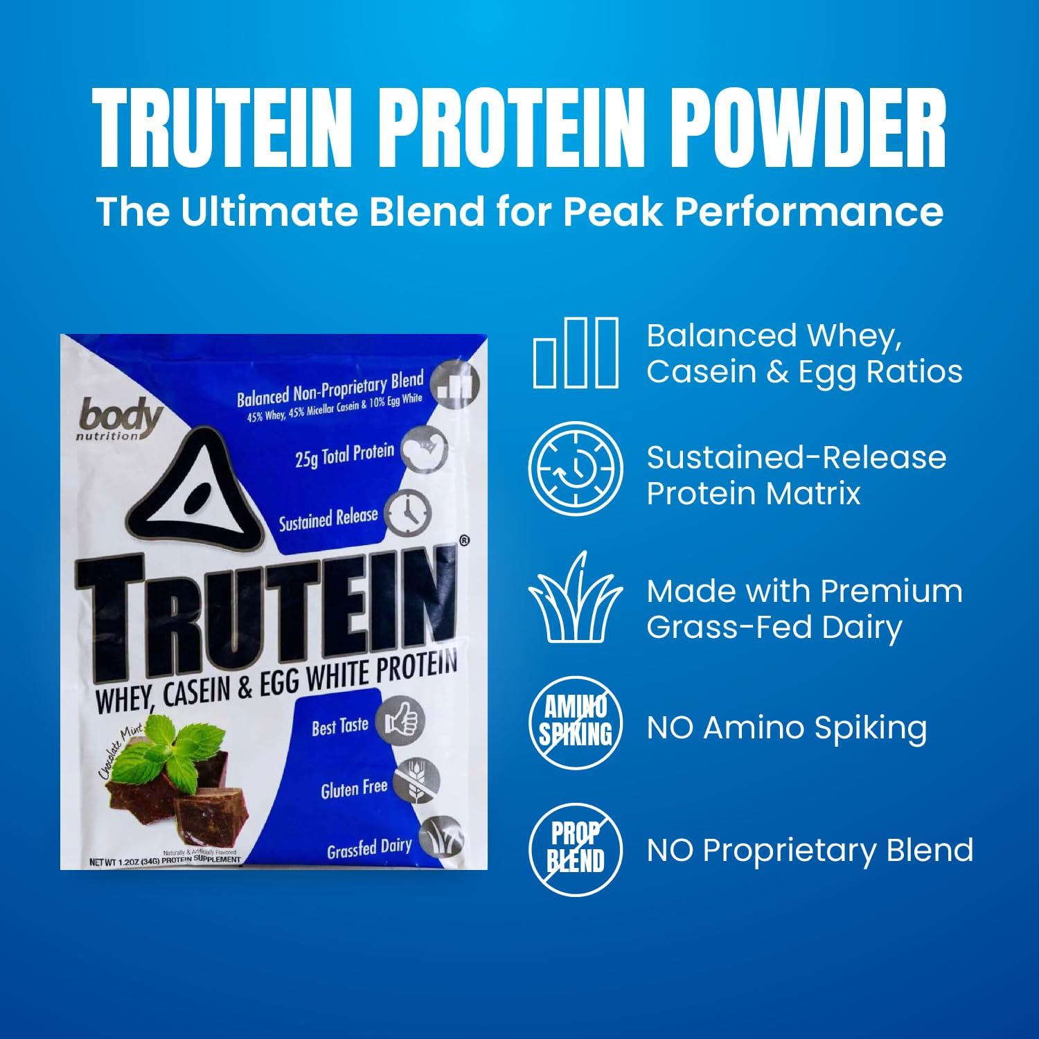 Trutein High Protein Powder: Grass Fed Whey & Casein Blend, Gluten-Free Gym Supplement, Chocolate Mint Flavor, 34g Sample Pack