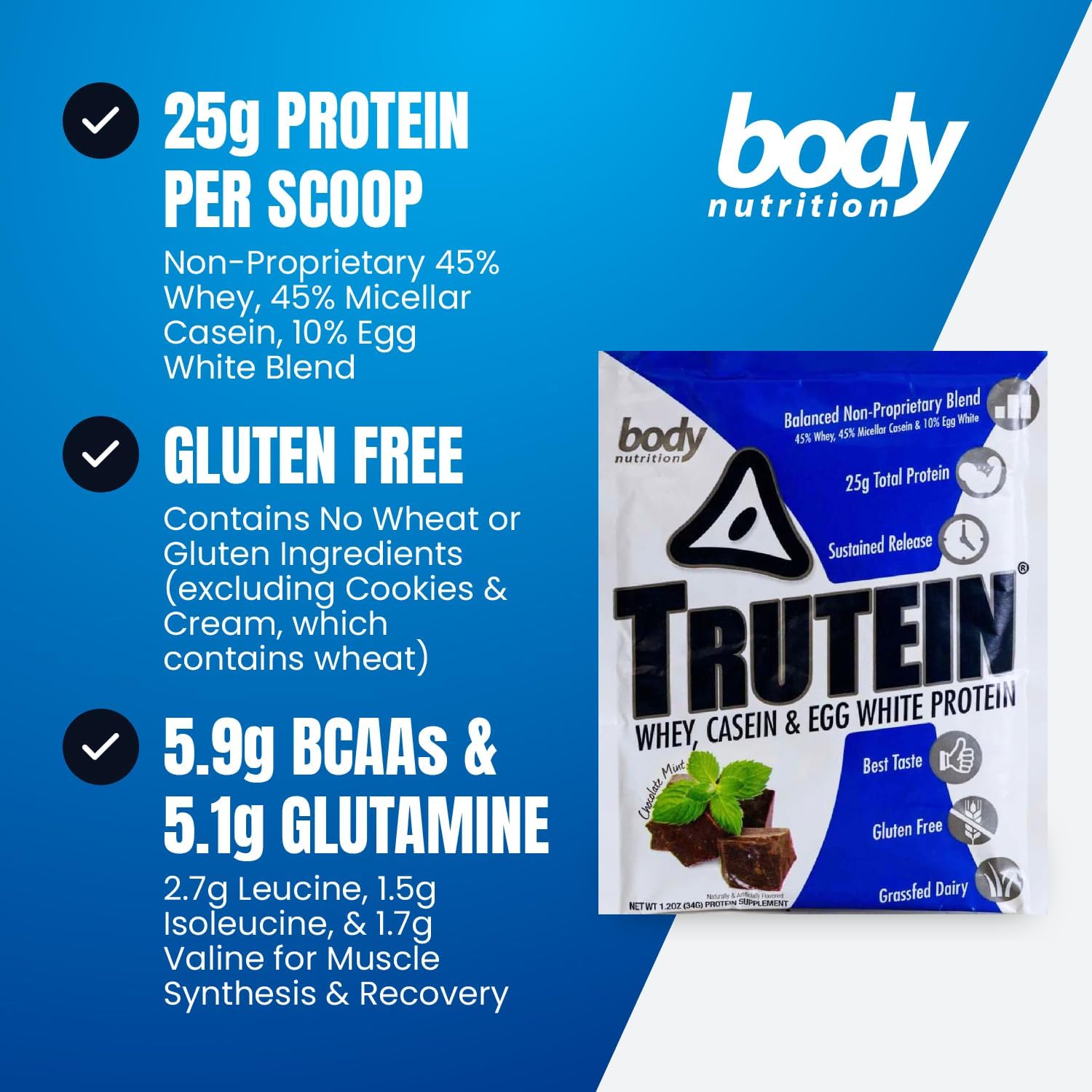 Trutein High Protein Powder: Grass Fed Whey & Casein Blend, Gluten-Free Gym Supplement, Chocolate Mint Flavor, 34g Sample Pack
