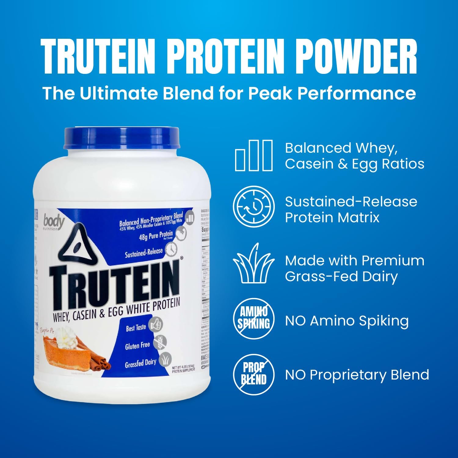 Trutein High Protein Powder: Pumpkin Pie Flavor, Grass Fed Whey, Gym Supplement & Breakfast Shake, Gluten-Free - 4lb