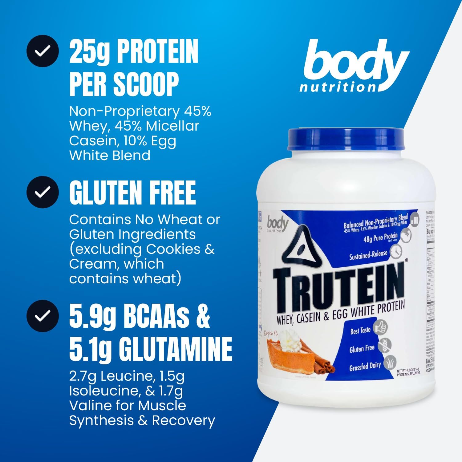 Trutein High Protein Powder: Pumpkin Pie Flavor, Grass Fed Whey, Gym Supplement & Breakfast Shake, Gluten-Free - 4lb