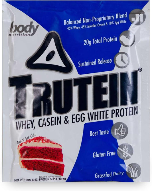 Trutein High Protein Powder: Red Velvet Cake Flavor, Grass-Fed Whey, Gluten-Free, Gym Supplement & Breakfast Shake, 34g Sample Size