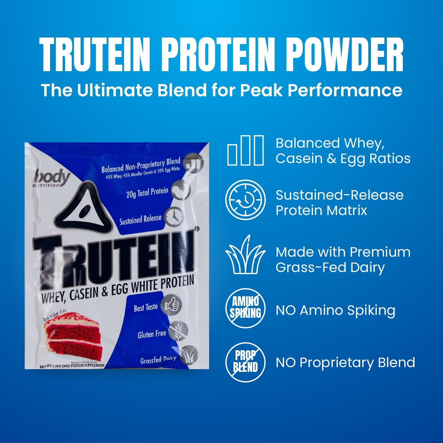 Trutein High Protein Powder: Red Velvet Cake Flavor, Grass-Fed Whey, Gluten-Free, Gym Supplement & Breakfast Shake, 34g Sample Size