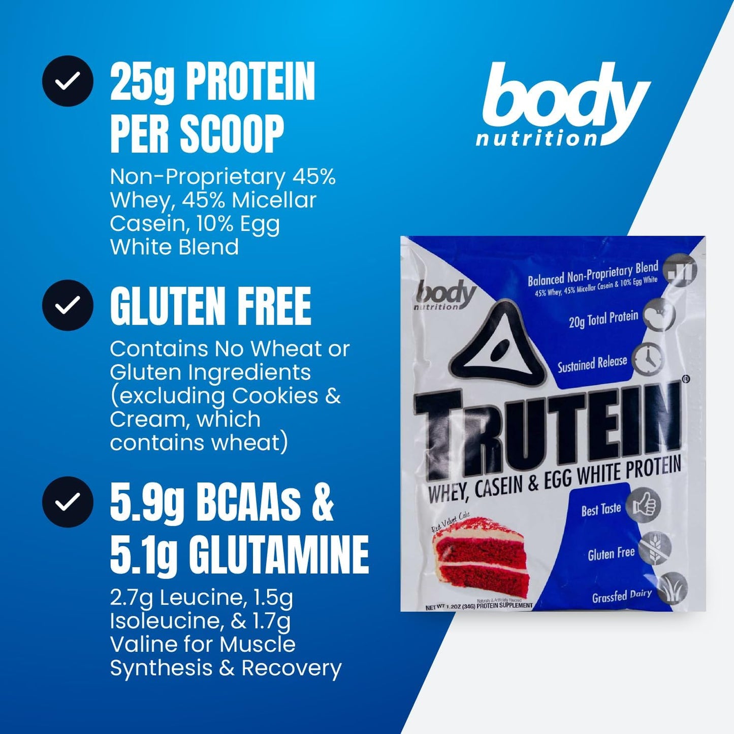Trutein High Protein Powder: Red Velvet Cake Flavor, Grass-Fed Whey, Gluten-Free, Gym Supplement & Breakfast Shake, 34g Sample Size
