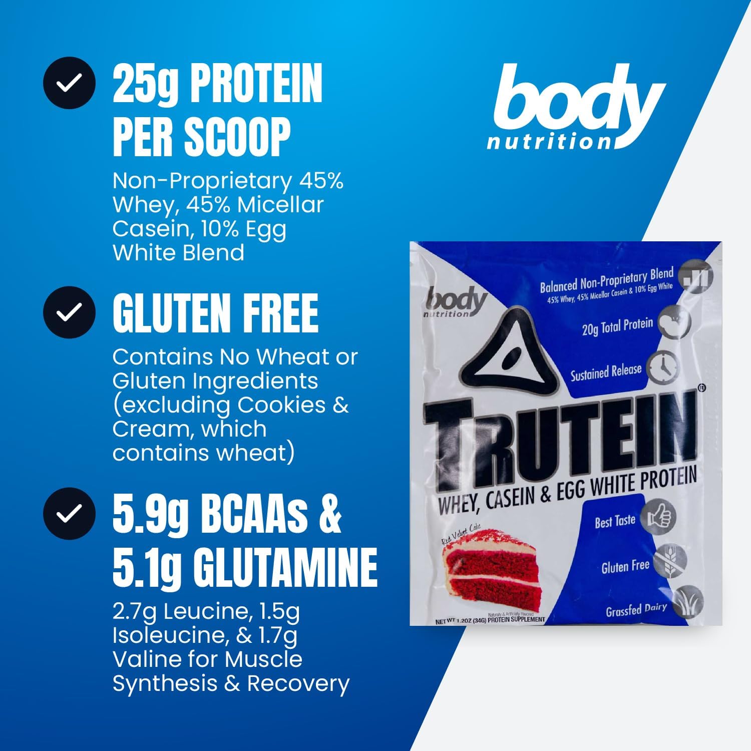 Trutein High Protein Powder: Red Velvet Cake Flavor, Grass-Fed Whey, Gluten-Free, Gym Supplement & Breakfast Shake, 34g Sample Size
