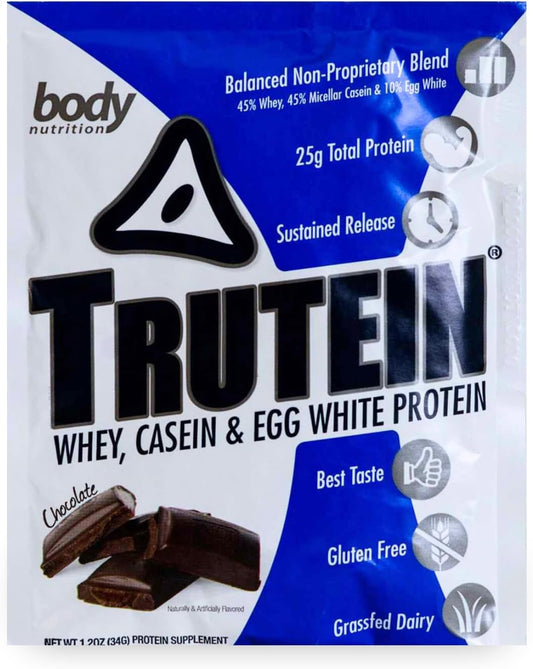 Trutein High Protein Powder: Whey, Casein, Egg White Blend, Gluten-Free, Low Sodium, Grass Fed, Gym Supplement, Chocolate Flavor, 34g Sample Size