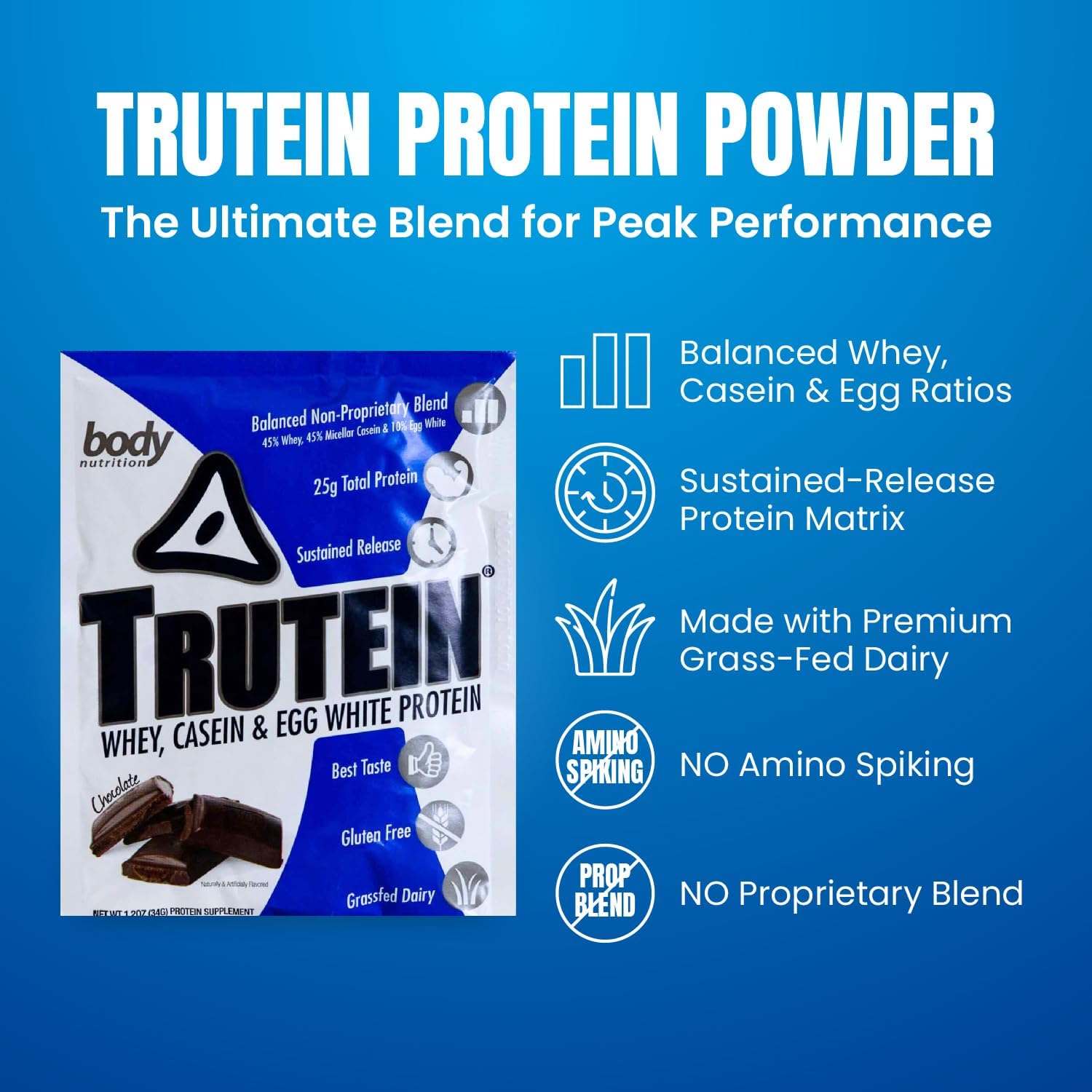 Trutein High Protein Powder: Whey, Casein, Egg White Blend, Gluten-Free, Low Sodium, Grass Fed, Gym Supplement, Chocolate Flavor, 34g Sample Size