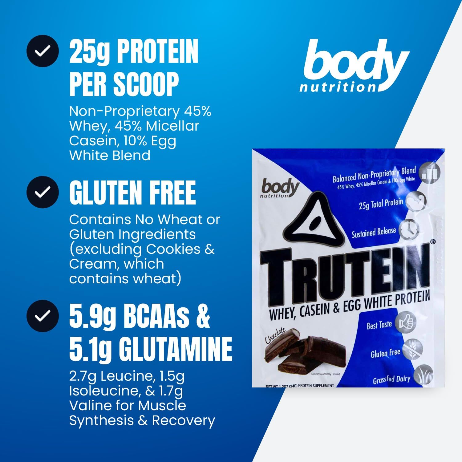 Trutein High Protein Powder: Whey, Casein, Egg White Blend, Gluten-Free, Low Sodium, Grass Fed, Gym Supplement, Chocolate Flavor, 34g Sample Size