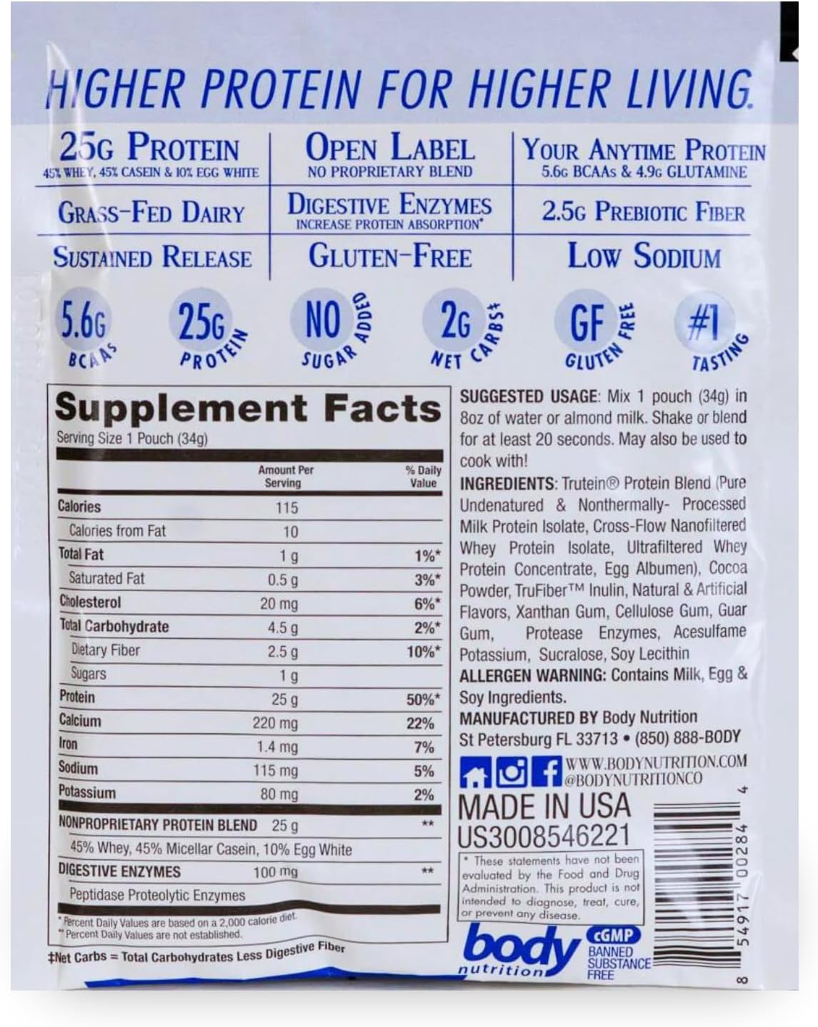 Trutein High Protein Powder: Whey, Casein, Egg White Blend, Gluten-Free, Low Sodium, Grass Fed, Gym Supplement, Chocolate Flavor, 34g Sample Size