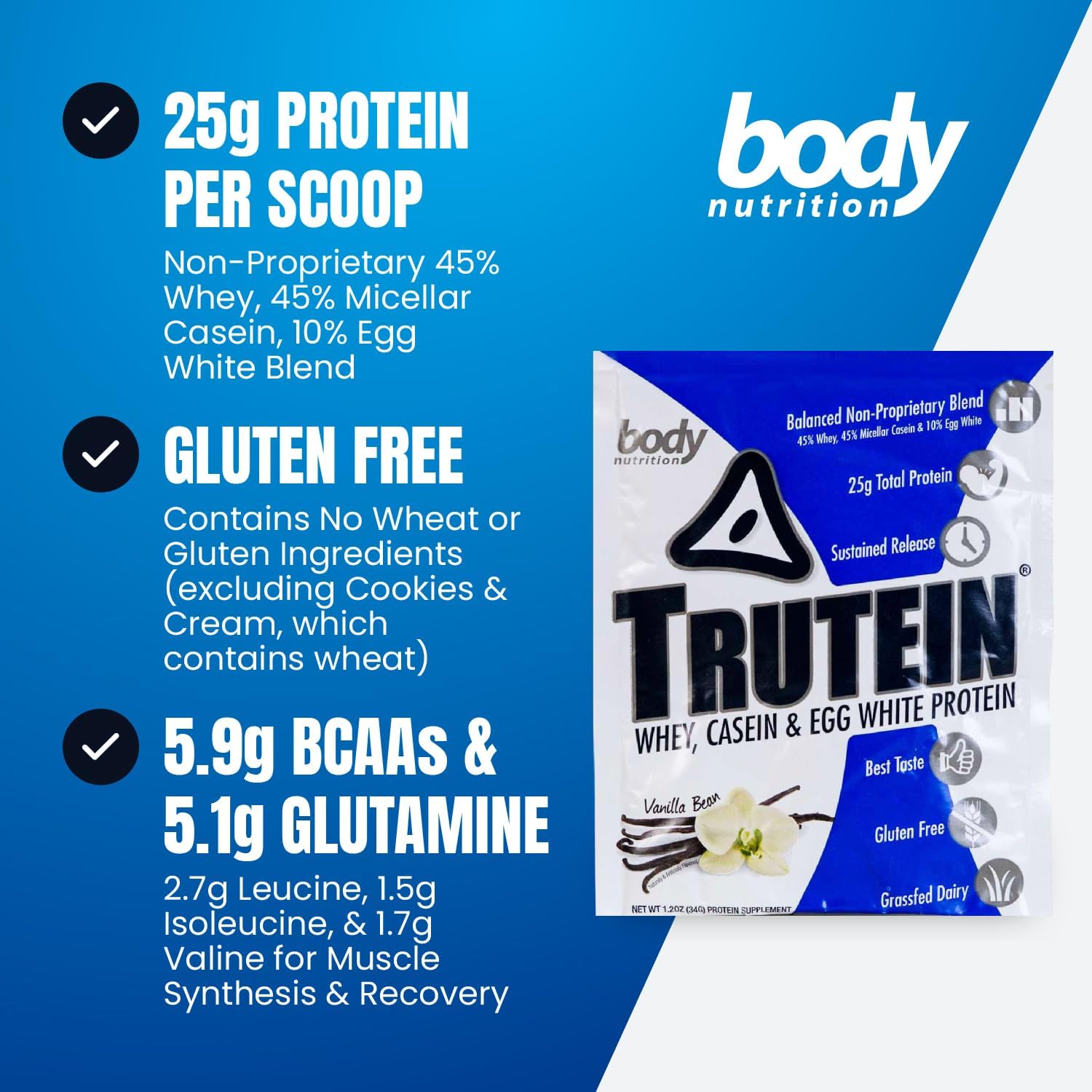 Trutein Protein Powder Vanilla Bean Sample - 25g Protein for Breakfast, Meal Replacement, Workout Recovery - 34g
