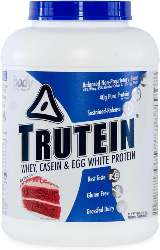 Trutein Red Velvet Cake Protein Powder: High Protein Blend with Whey, Casein, Egg White, Grass Fed, Gluten-Free, Low Sodium - 4lb