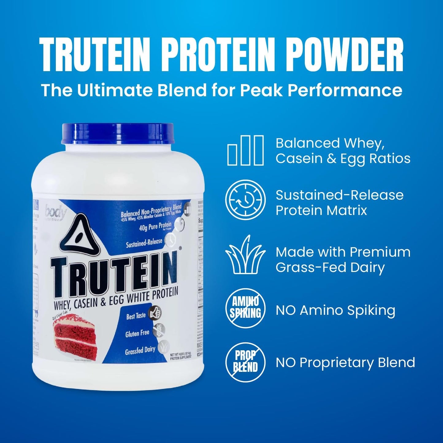 Trutein Red Velvet Cake Protein Powder: High Protein Blend with Whey, Casein, Egg White, Grass Fed, Gluten-Free, Low Sodium - 4lb