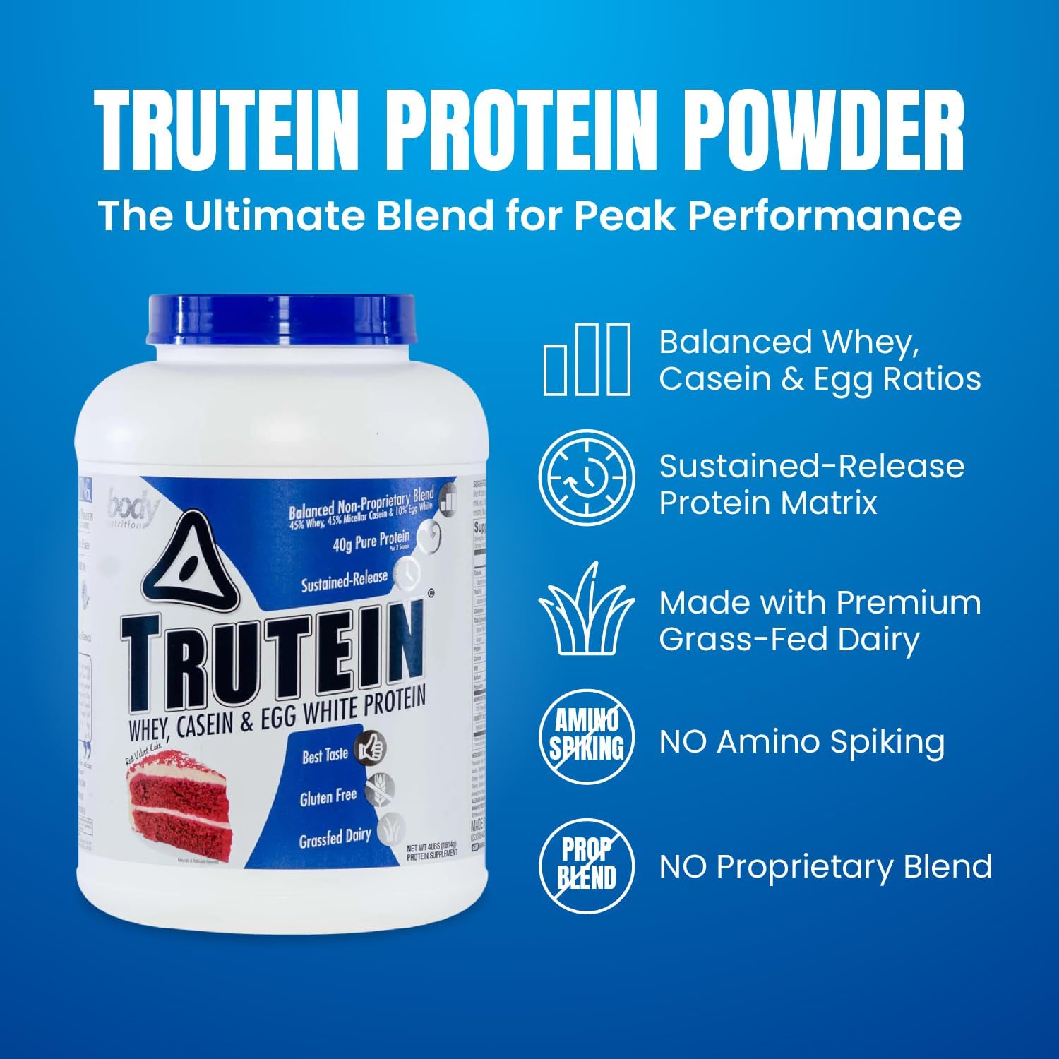 Trutein Red Velvet Cake Protein Powder: High Protein Blend with Whey, Casein, Egg White, Grass Fed, Gluten-Free, Low Sodium - 4lb
