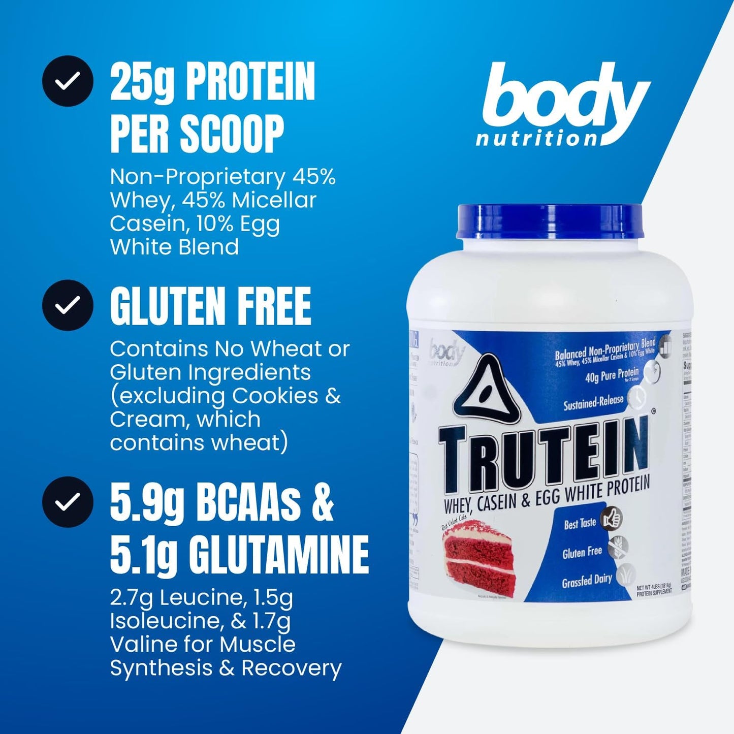 Trutein Red Velvet Cake Protein Powder: High Protein Blend with Whey, Casein, Egg White, Grass Fed, Gluten-Free, Low Sodium - 4lb