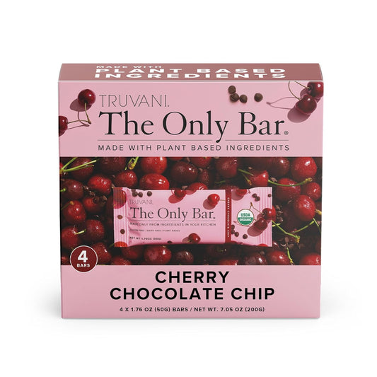 Truvani Cherry Chocolate Chip Plant Based Snack Bars - 4 Pack, 5g Protein, USDA Organic & Vegan, Dairy/Soy/Gluten Free
