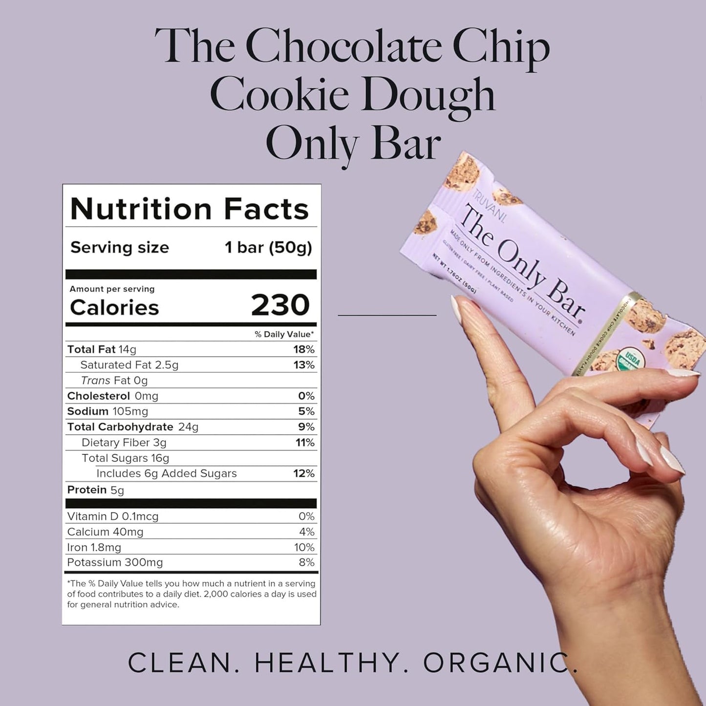 Truvani Chocolate Chip Cookie Dough Plant Based Snack Bars - 1 Pack, 5g Protein, USDA Organic & Vegan - Dairy, Soy, Gluten Free