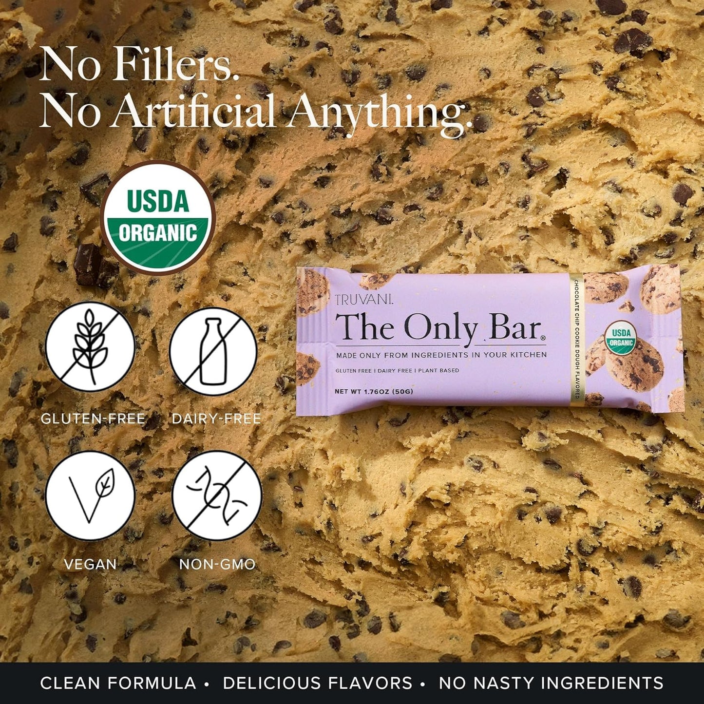 Truvani Chocolate Chip Cookie Dough Plant Based Snack Bars - 1 Pack, 5g Protein, USDA Organic & Vegan - Dairy, Soy, Gluten Free