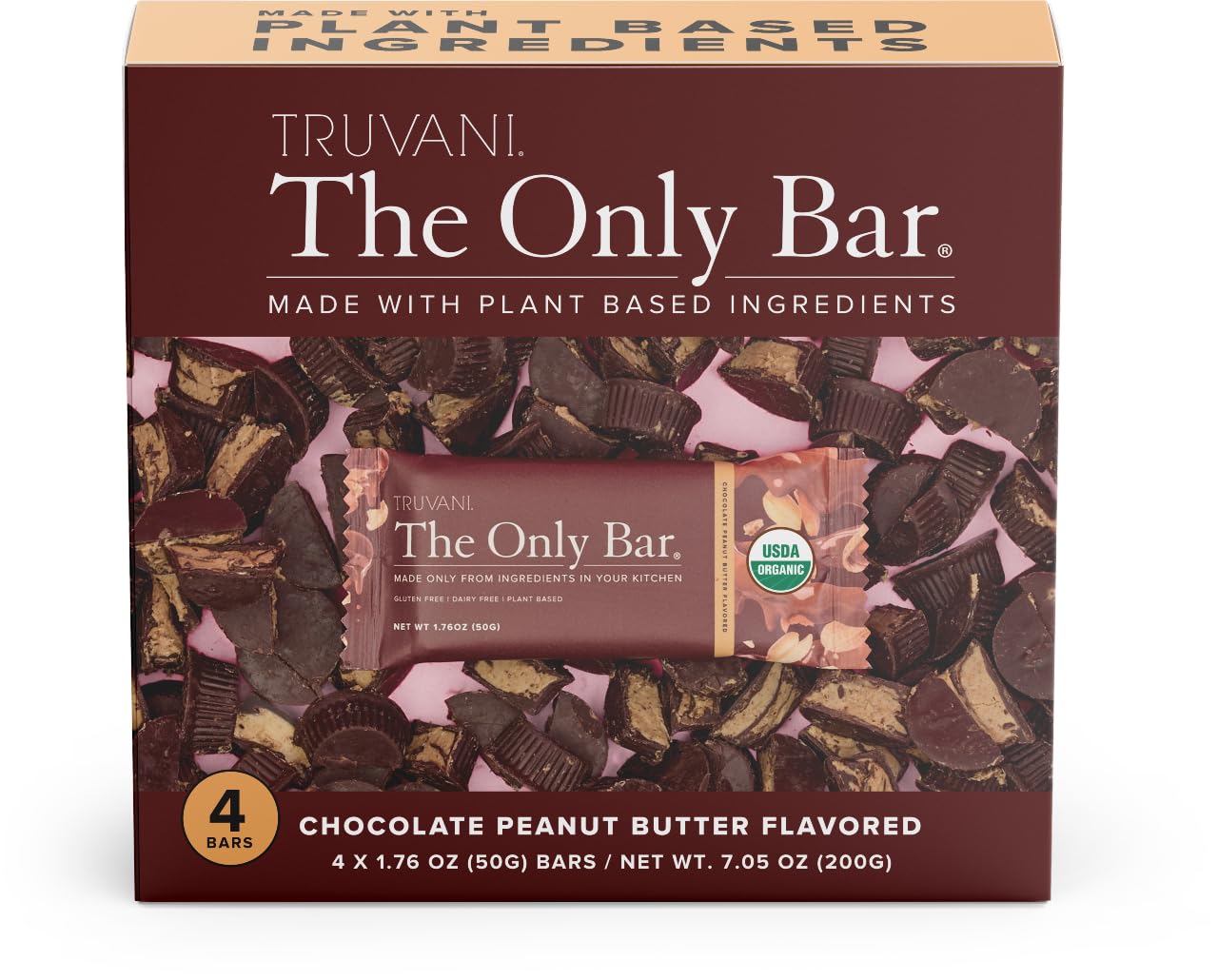 Truvani Chocolate Peanut Butter Plant Based Snack Bars | 4 Pack | 7g Protein | USDA Organic & Vegan | Dairy, Soy, Gluten Free