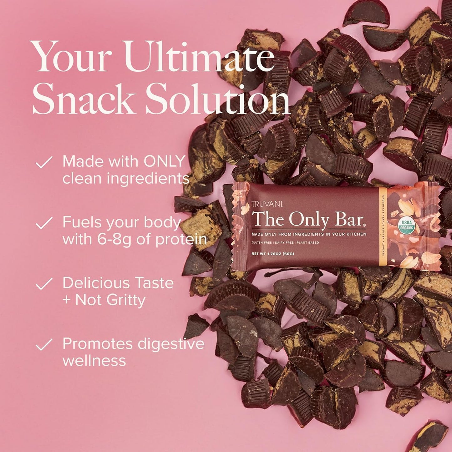 Truvani Chocolate Peanut Butter Plant Based Snack Bars | 4 Pack | 7g Protein | USDA Organic & Vegan | Dairy, Soy, Gluten Free