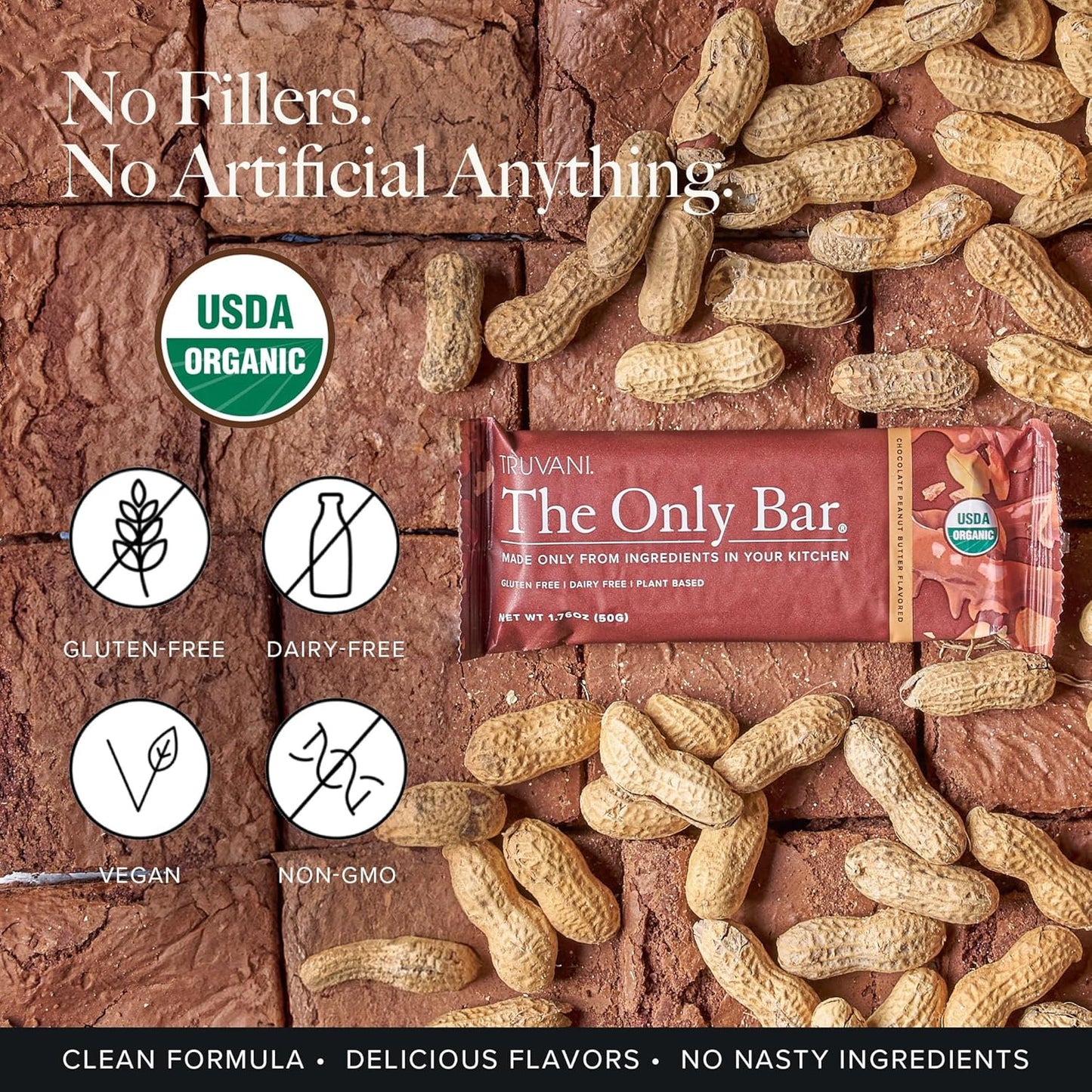 Truvani Chocolate Peanut Butter Plant Based Snack Bars | 4 Pack | 7g Protein | USDA Organic & Vegan | Dairy, Soy, Gluten Free