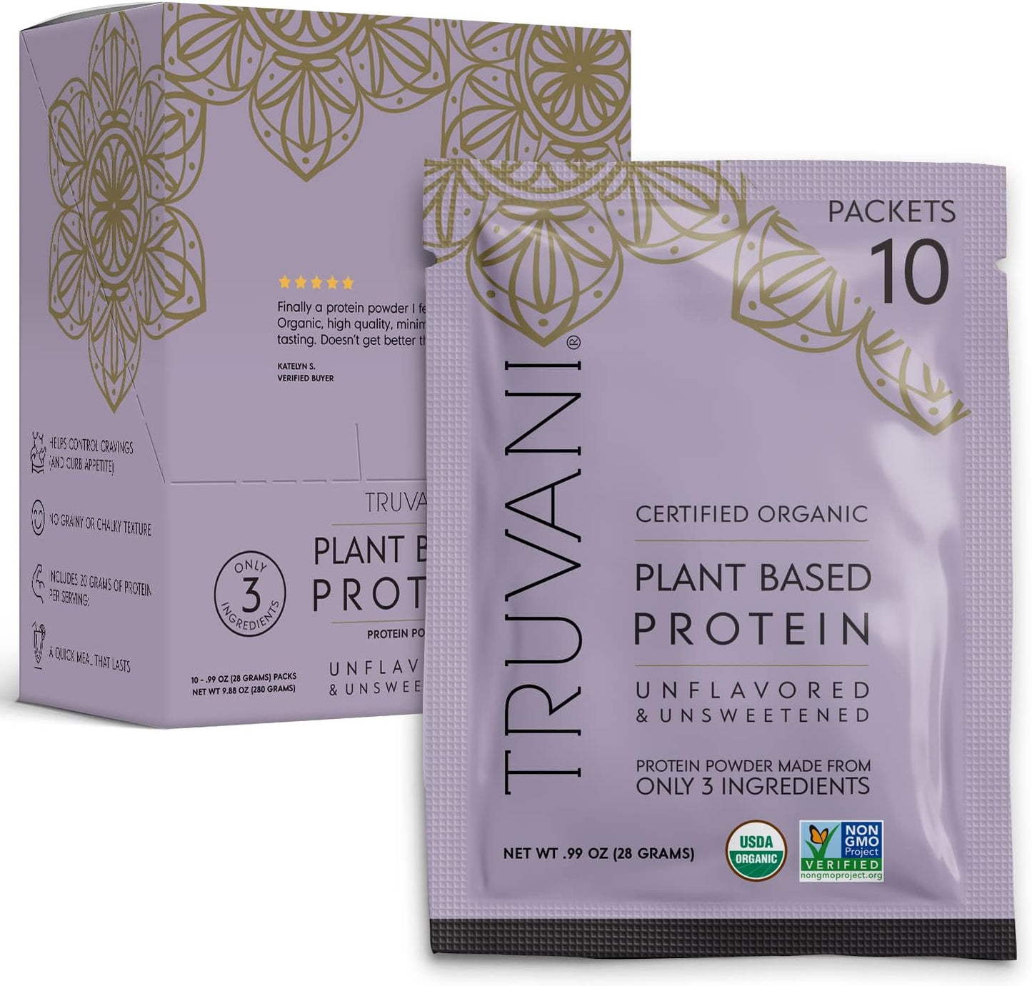 Truvani Organic Vegan Pea Protein Powder - Unflavored Travel Packets, 20g Plant-Based Protein, Keto-Friendly, Gluten & Dairy Free