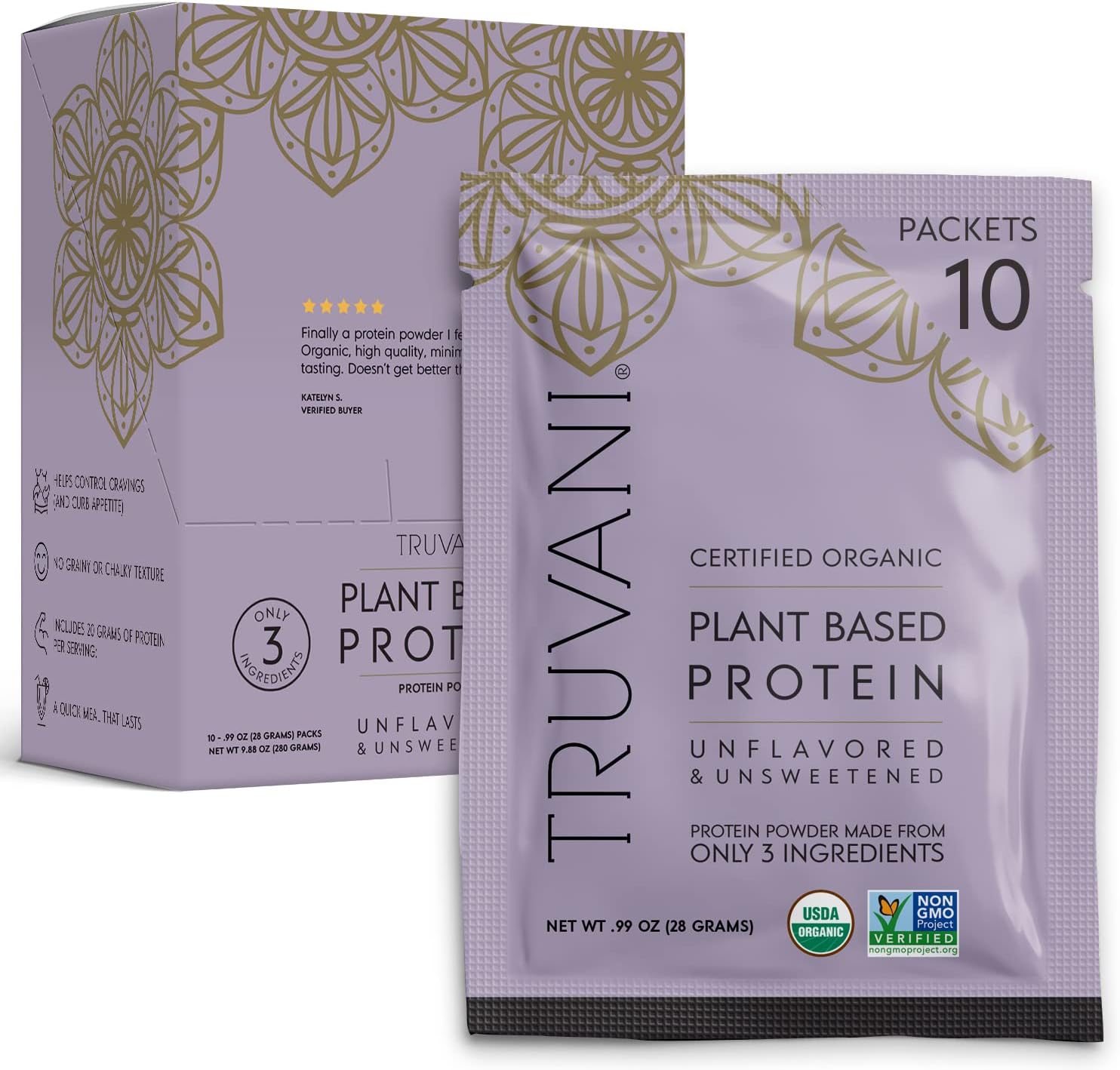 Truvani Organic Vegan Pea Protein Powder - Unflavored Travel Packets, 20g Plant-Based Protein, Keto-Friendly, Gluten & Dairy Free