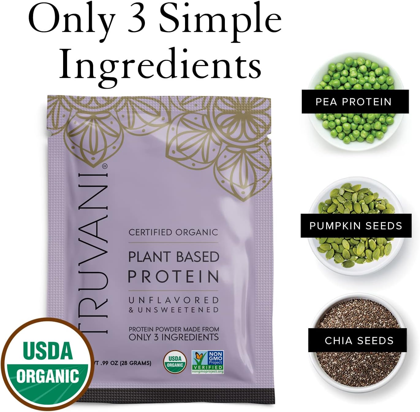 Truvani Organic Vegan Pea Protein Powder - Unflavored Travel Packets, 20g Plant-Based Protein, Keto-Friendly, Gluten & Dairy Free