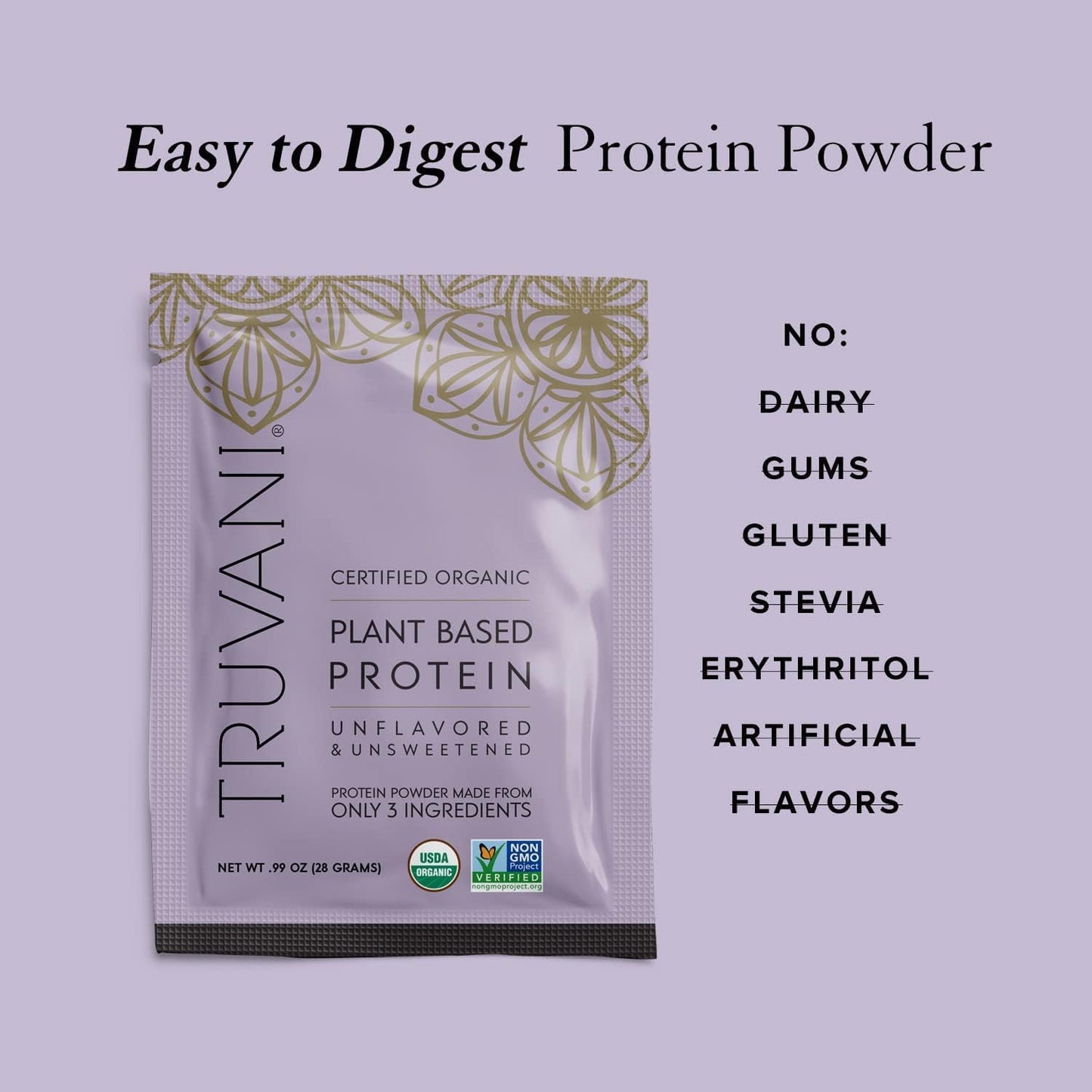 Truvani Organic Vegan Pea Protein Powder - Unflavored Travel Packets, 20g Plant-Based Protein, Keto-Friendly, Gluten & Dairy Free