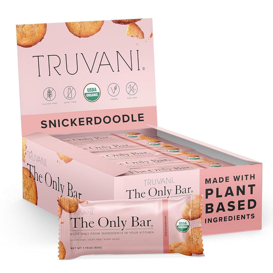 Truvani Snickerdoodle Plant-Based Snack Bars - 12 Pack - 5g Protein - Organic, Vegan, Dairy, Soy, Gluten Free - Individually Wrapped