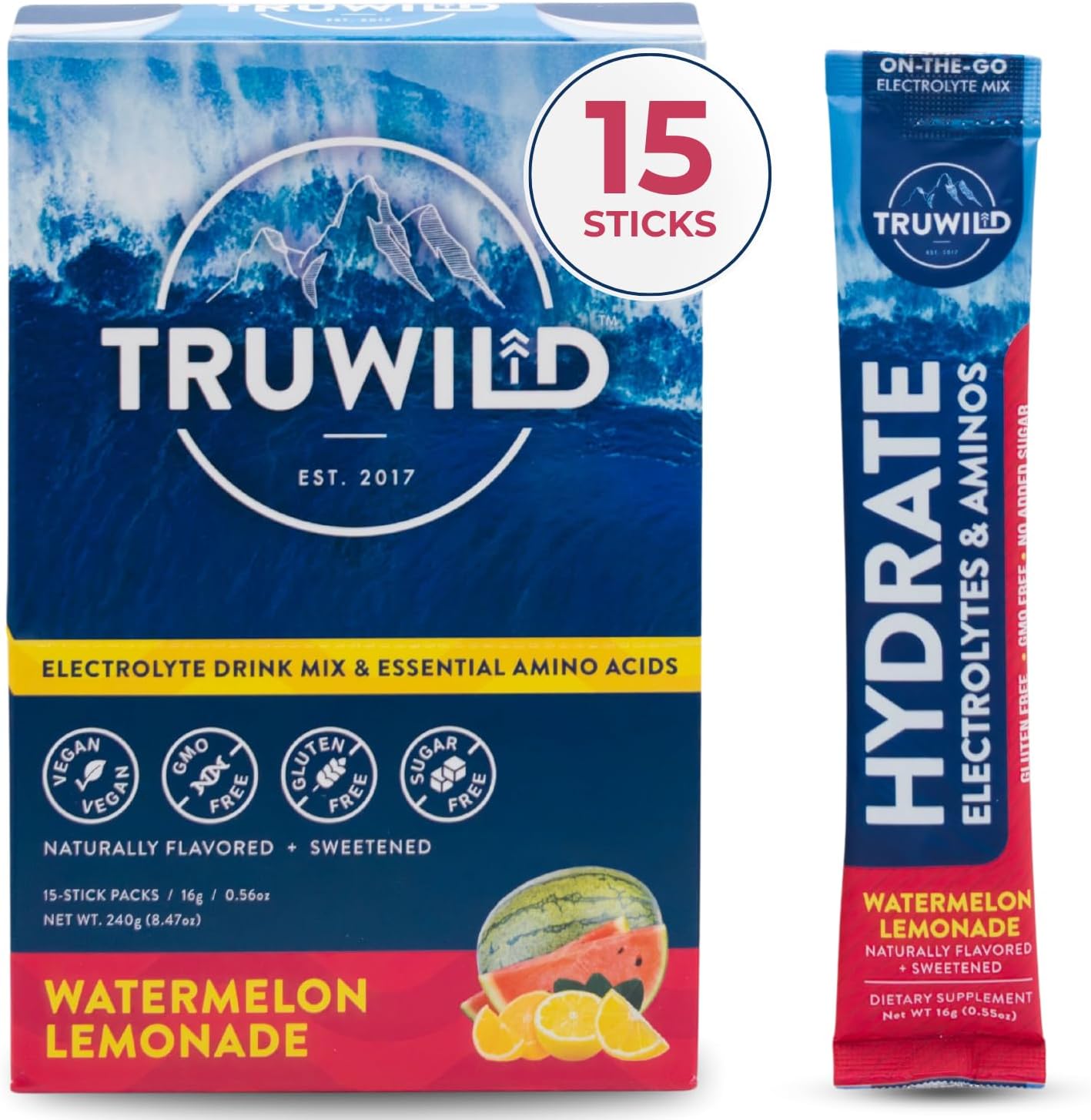 TruWild Natural Hydration Powder - Vegan Electrolytes & Amino Acids, Sugar-Free Single Serve Recovery Drink with Magnesium for Muscle Support (Watermelon Lemonade)