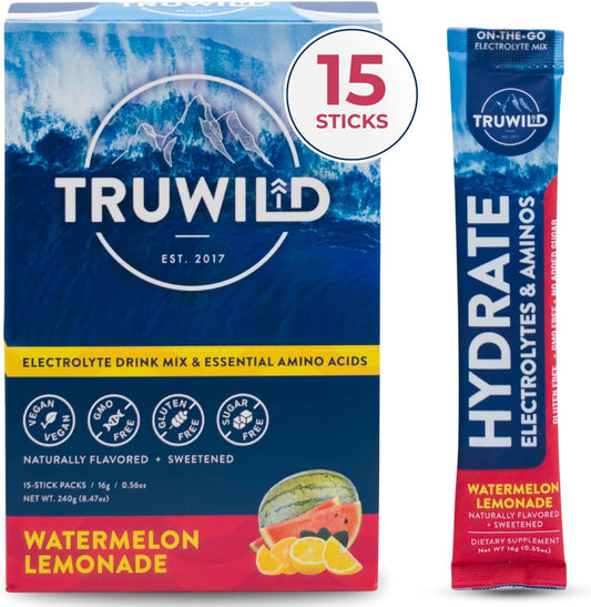 TruWild Natural Hydration Powder - Vegan Electrolytes & Amino Acids, Sugar-Free Single Serve Recovery Drink with Magnesium for Muscle Support (Watermelon Lemonade)