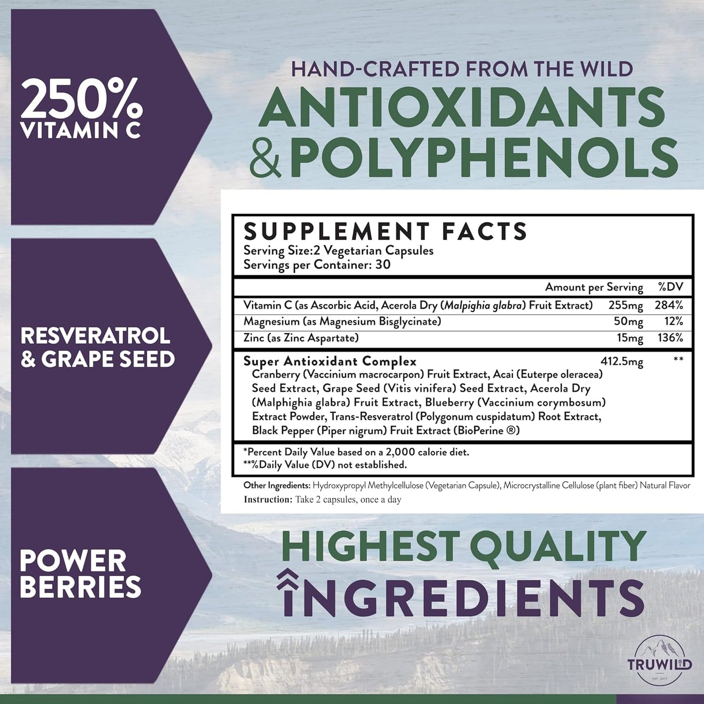 TruWild Protect+ Immune Support Capsules - Vegan Antioxidant Supplement with Vitamin C, Zinc, Magnesium, Resveratrol, Acai - Non GMO & Gluten Free - Made in USA - 30 Servings