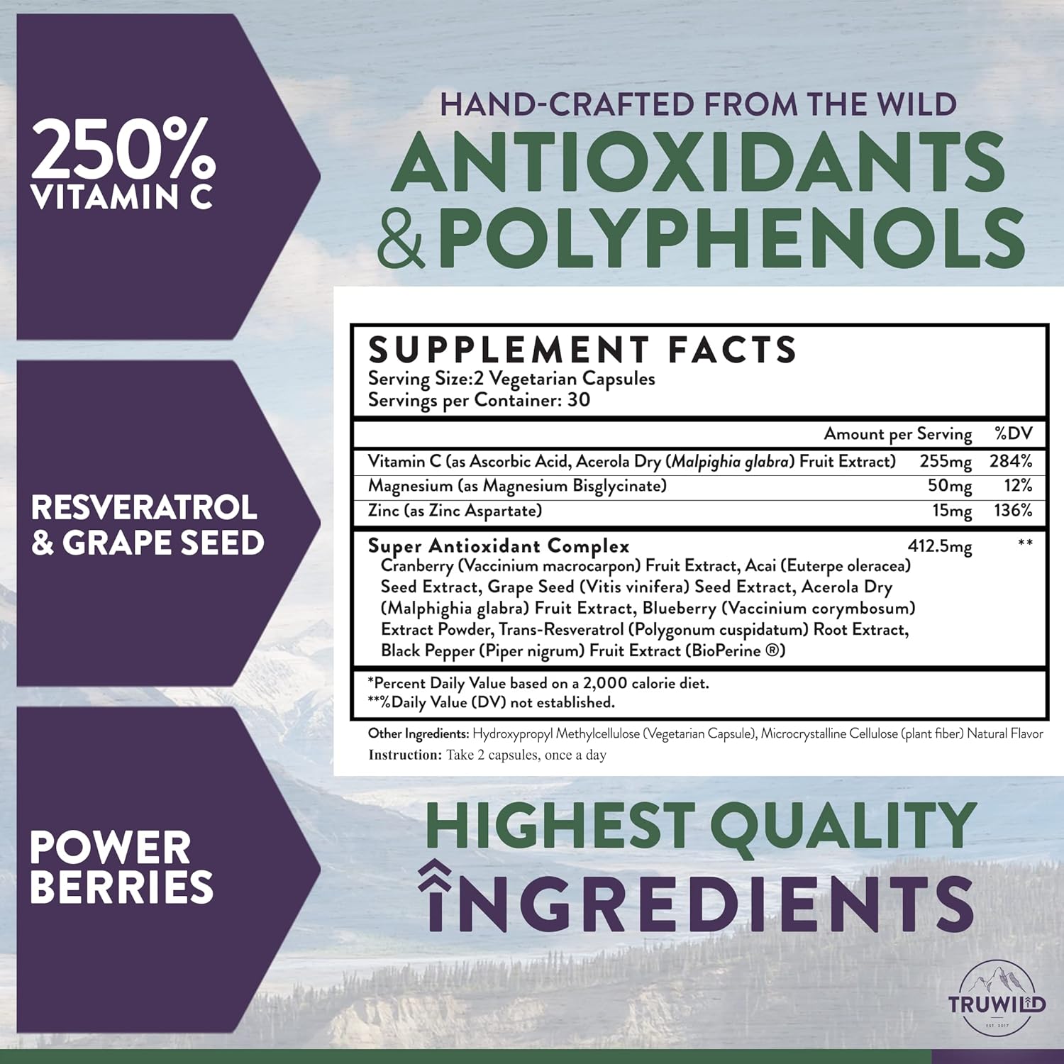 TruWild Protect+ Immune Support Capsules - Vegan Antioxidant Supplement with Vitamin C, Zinc, Magnesium, Resveratrol, Acai - Non GMO & Gluten Free - Made in USA - 30 Servings