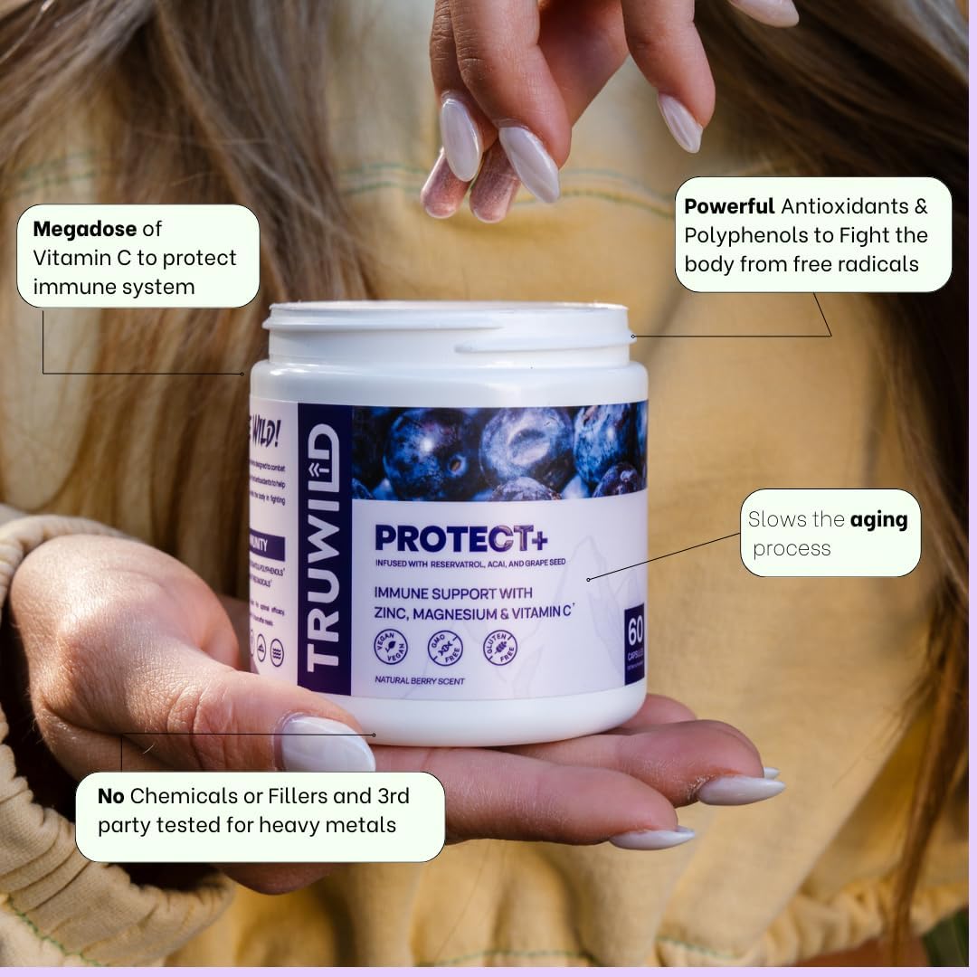 TruWild Protect+ Immune Support Capsules - Vegan Antioxidant Supplement with Vitamin C, Zinc, Magnesium, Resveratrol, Acai - Non GMO & Gluten Free - Made in USA - 30 Servings