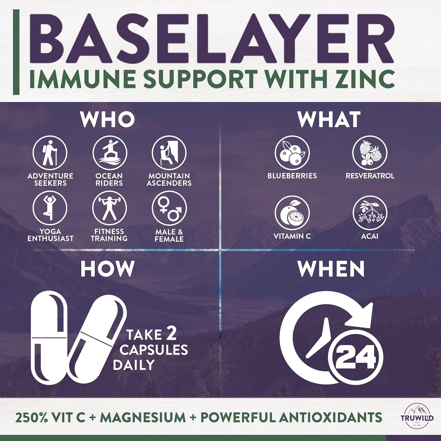 TruWild Protect+ Immune Support Capsules - Vegan Antioxidant Supplement with Vitamin C, Zinc, Magnesium, Resveratrol, Acai - Non GMO & Gluten Free - Made in USA - 30 Servings