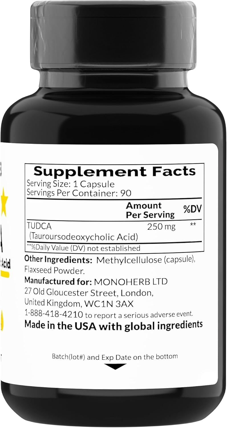 TUDCA Supplement - 250mg Tauroursodeoxycholic Acid - 90 Capsules - USA-Made Veggie Caps