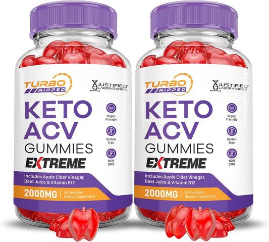 Turbo Ripped Keto ACV Gummies Extreme 2000MG (2 Pack) - Apple Cider Vinegar with Pomegranate Beet Juice Powder, B12 - Vegan & Non GMO - 120 Gummies
