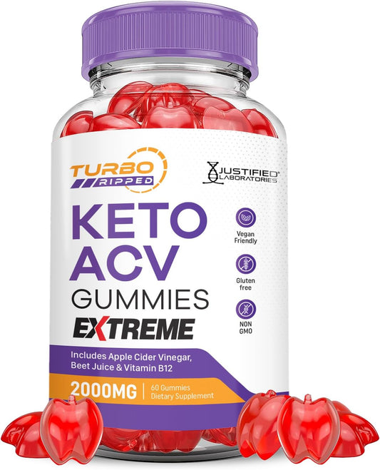 Turbo Ripped Keto ACV Gummies with Pomegranate Beet Juice Powder - 2000MG B12 Vegan Non GMO 60 Gummies