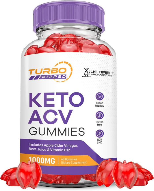 Turbo Ripped Keto ACV Gummies with Pomegranate Beet Juice - 1000MG Formula - Vegan & Non-GMO - 60 Gummys