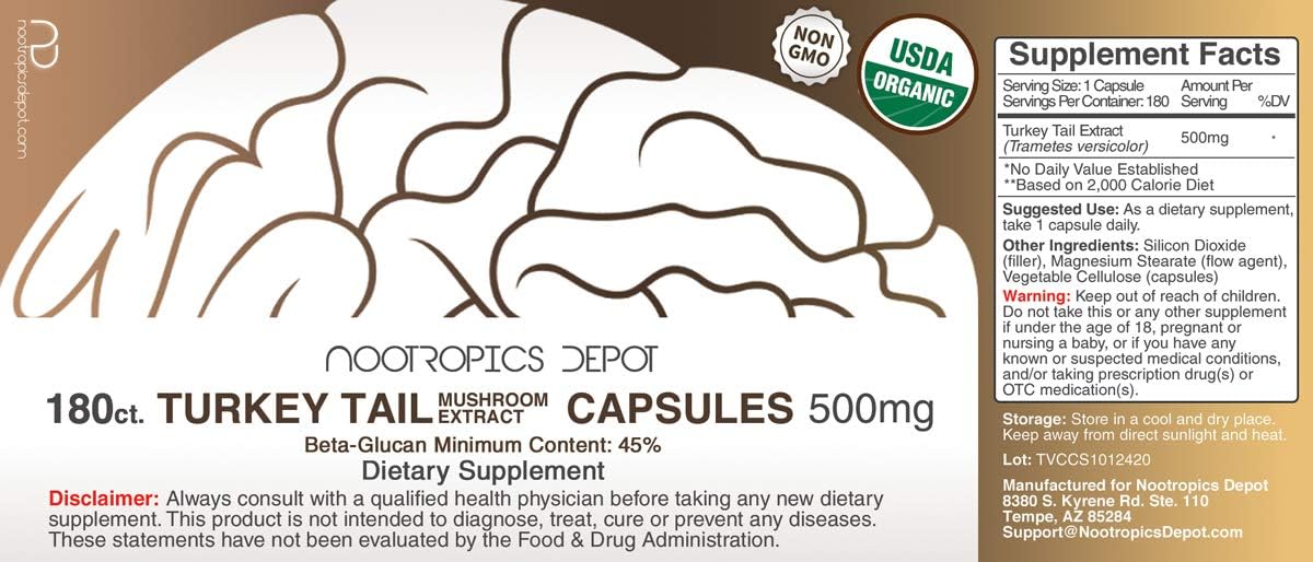 Turkey Tail Mushroom Capsules - 500mg | 180 Count | Trametes versicolor Supplement