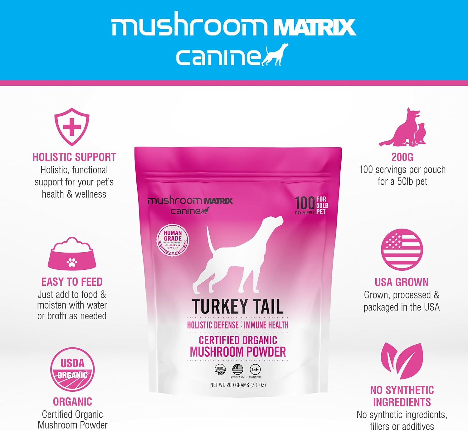Turkey Tail Mushroom Pet Supplement Powder for Dogs & Cats - 200g/7.1oz - Immunity Support & Holistic Defense