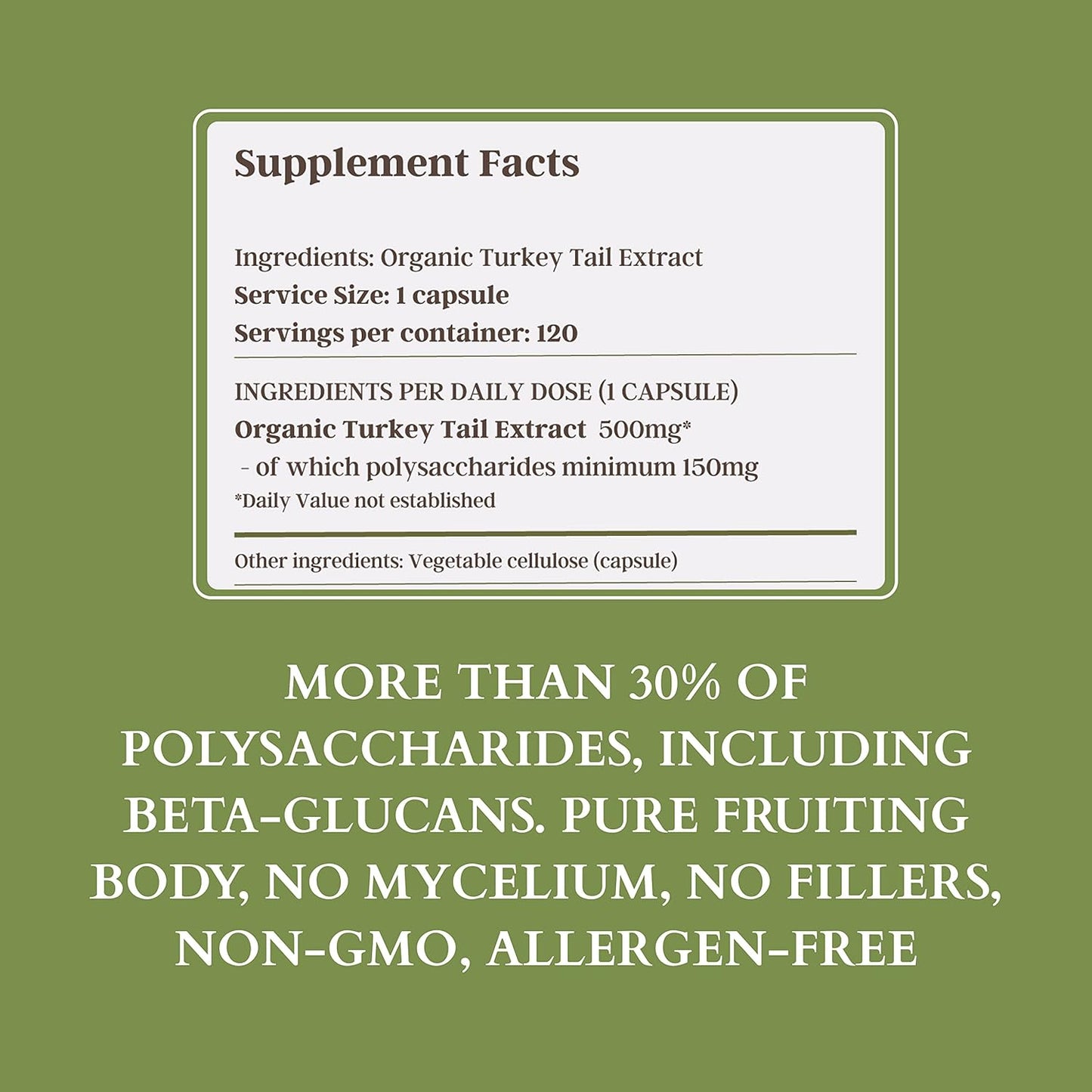 Turkey Tail Mushroom Supplement - Pure Fruiting Body Extract with 30% Polysaccharides - 500mg, 120 Vegecaps - Immune Function Support
